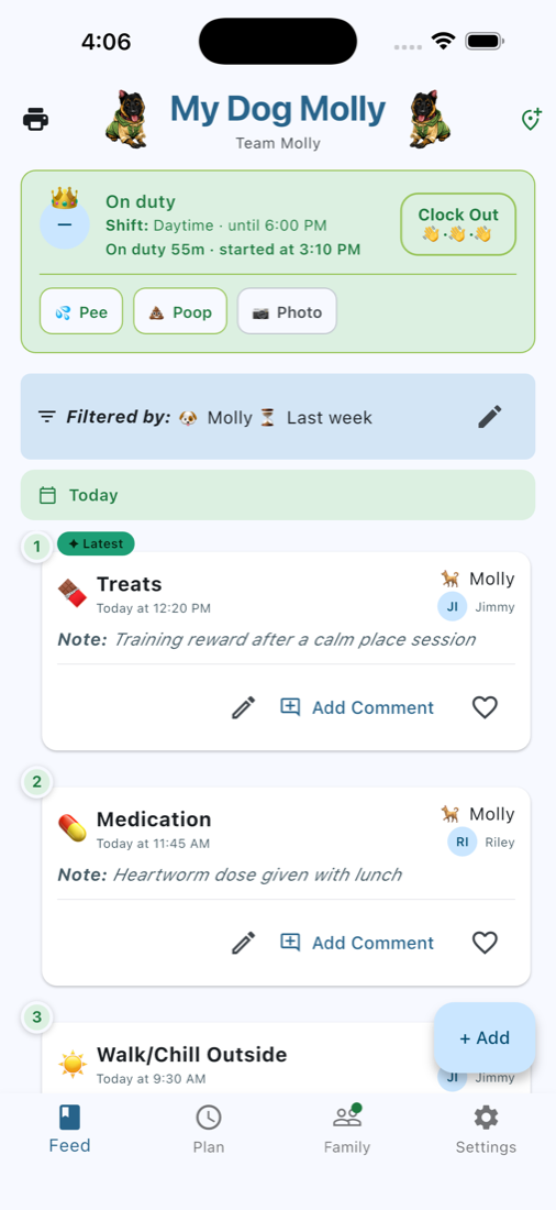 My Dog Molly app showing a day's feed of treats, medication, and walks