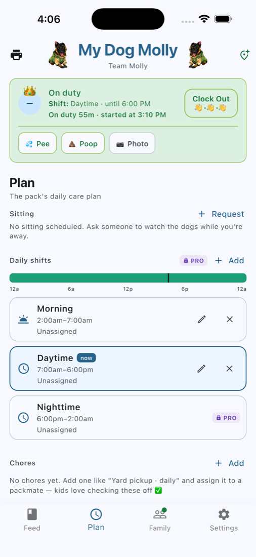 My Dog Molly care plan screen with shifts and house rules
